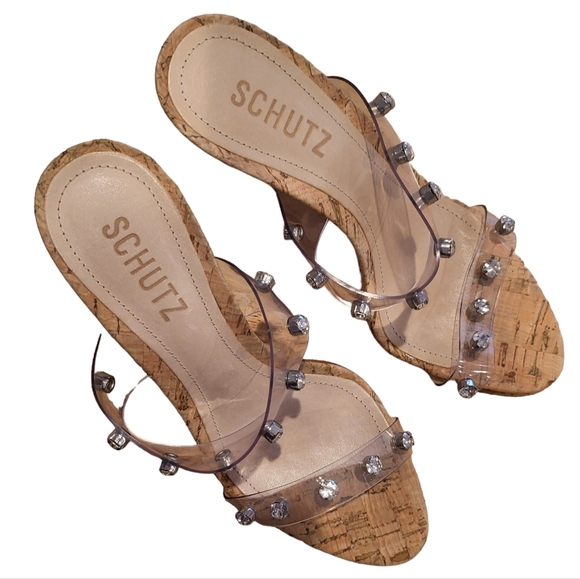 Schutz Ariella Cork Vinyl Stiletto Heel Sandals 9 - Picture 7 of 9